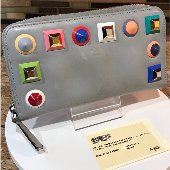FENDI Vitello Liberty Multicolor Studded Leather Zip Around Wallet ππβ€οΈ - Picture 4 of 17